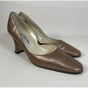 Proxy Shoes Womens Size 7.5 Brown Bronze Dress Shoes Block Heels Leather 93927